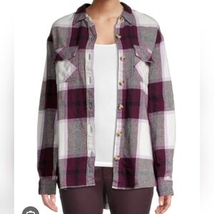 Beach Lunch Lounge Collection Women Burgundy Purple Fig Plaid Cotton Shirt Sz L